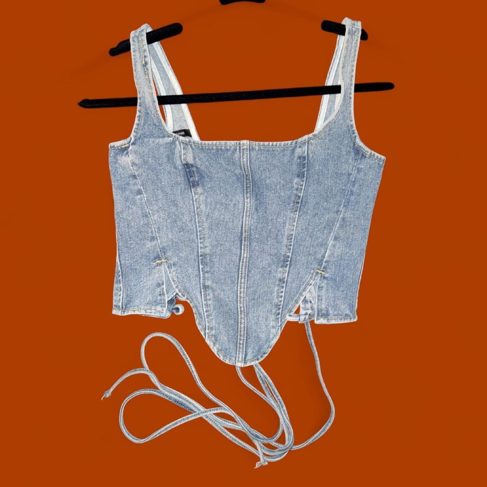 PrettyLittleThing Denim Lace-Up Corset Crop Top Women's US 0 Y2K Jean Bustier